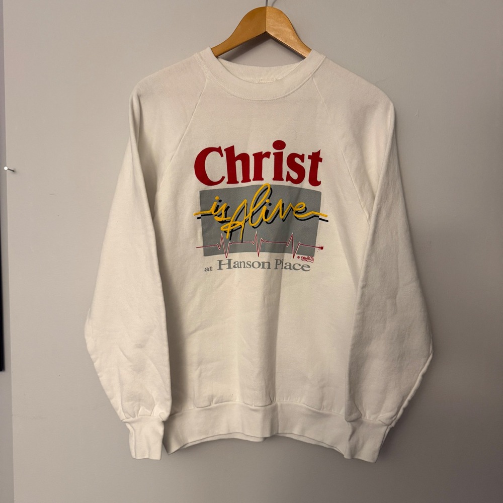 Vintage Fruit Of The Loom Christ Is Alive Hanson Place Raglan Sweatshirt Large